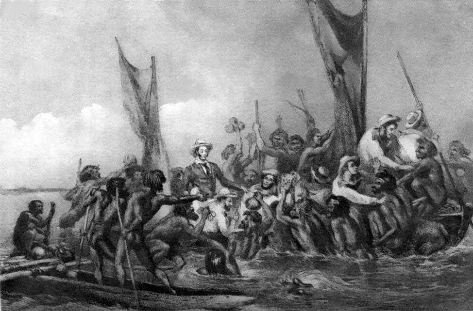 Mer Islanders in the Torres Strait trading with visiting Europeans