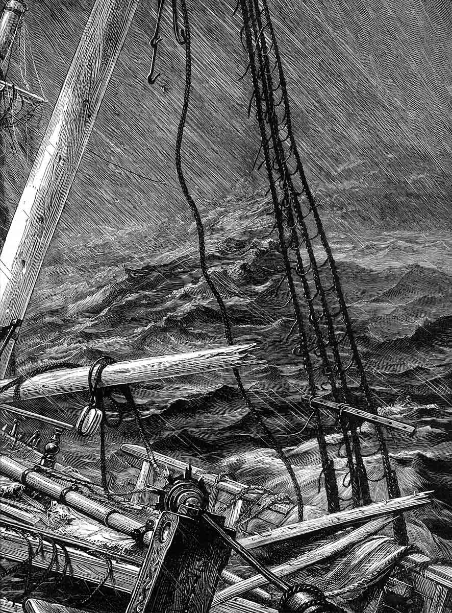 Timber ship breaking up in shipwreck.