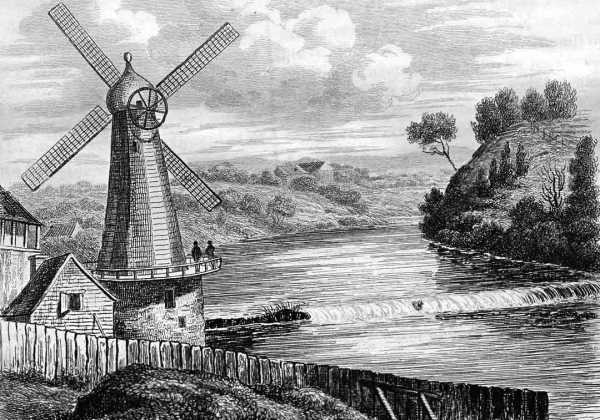 Windmills were ubiquitous in early Sydney. This one is at Parramatta. Used to grind local grains into flour. Artist: M. de Sainson.
